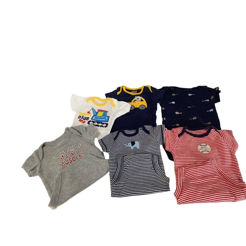Variety Lot of 6 bodysuit Size 0 3 Newborn months Dump Truck Dog Elephant Guitar